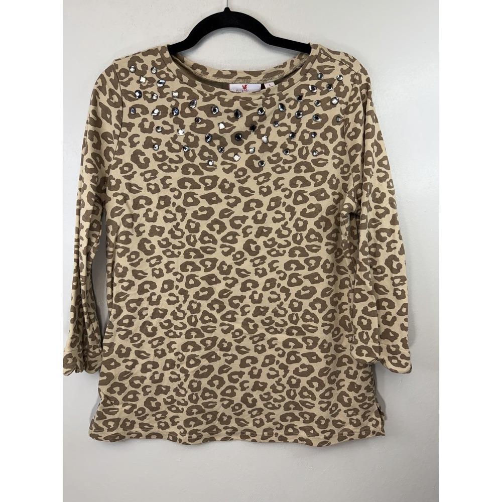Quacker Factory Animal Print Too W Jeweled‎ Neckline & Scalloped Cuffs Size S